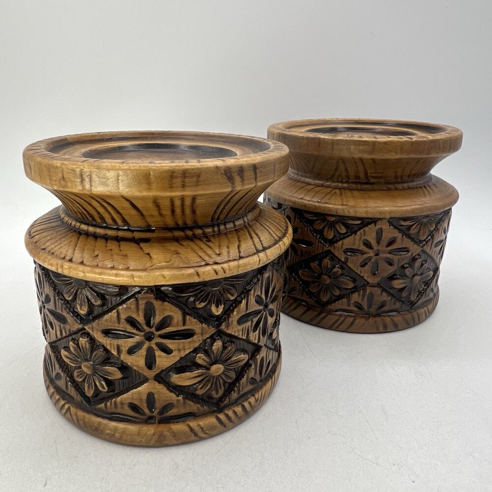 2 Vtg Mid Century MCM Ceramic Faux Carved Wood Brown Candle Holders 1970s Boho